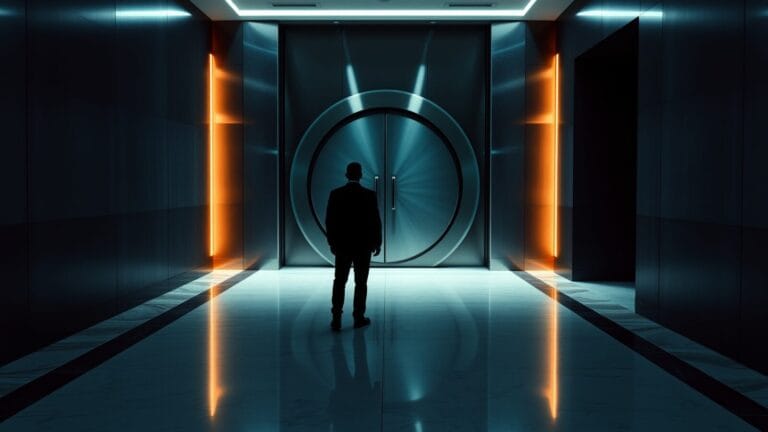 Sécurité des LLM : la faille jugée impossible à corriger 7 Lourde porte blindée entrouverte dans un couloir institutionnel, silhouette de dos au loin.