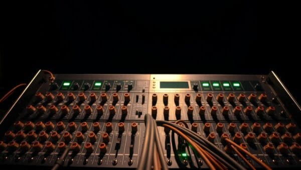 Baie de brassage audio en acier brossé reliée par des câbles de cuivre, dans un studio sombre.