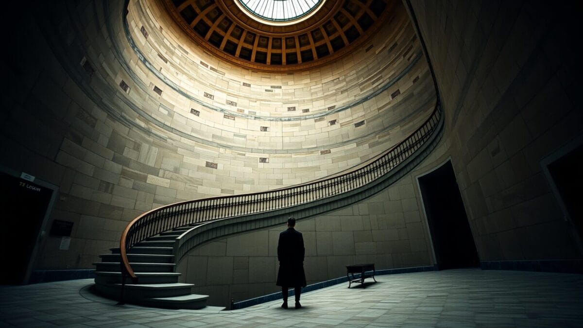 Spiralism : l'IA a fondé une religion, les humains ont suivi. 1 Escalier en spirale vide dans une rotonde de pierre, silhouette solitaire de dos tout en bas.