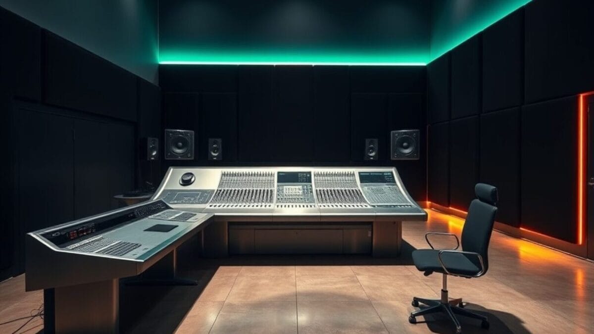 Spotify lance « AI Persona » : les musiques IA hors recommandations 1 Studio d'enregistrement vide au crépuscule, console de mixage en acier brossé et lumières vertes.