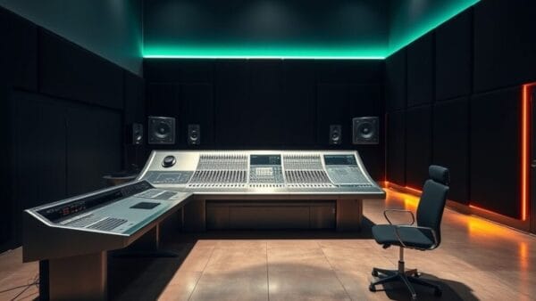 Studio d'enregistrement vide au crépuscule, console de mixage en acier brossé et lumières vertes.