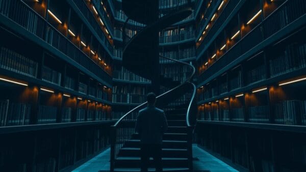 Escalier en spirale d'une bibliothèque, silhouette de dos d'un chercheur au pied des marches.