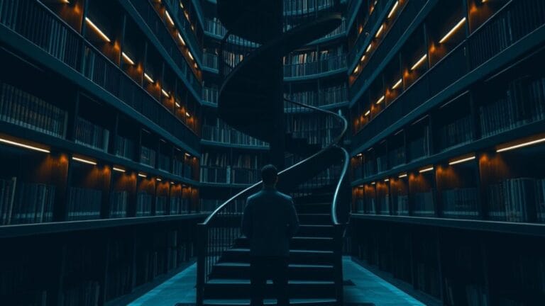 Tarski contre les sondes LLM : la vérité n'est pas une direction 11 Escalier en spirale d'une bibliothèque, silhouette de dos d'un chercheur au pied des marches.