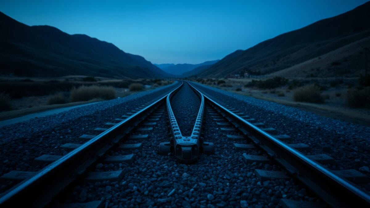 Bifurcation de rails d'acier au crépuscule dans une vallée sombre.