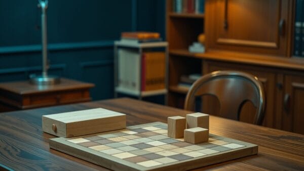 Bureau ordonné avec jeux de logique en bois, sans écran ni personne visible.