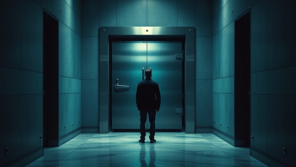 Token brokers : 100 000 $/jour de crédits IA sur le marché gris 1 Une lourde porte de coffre en acier entrouverte dans un couloir institutionnel sombre, silhouette de dos au loin.