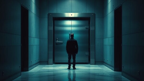 Une lourde porte de coffre en acier entrouverte dans un couloir institutionnel sombre, silhouette de dos au loin.