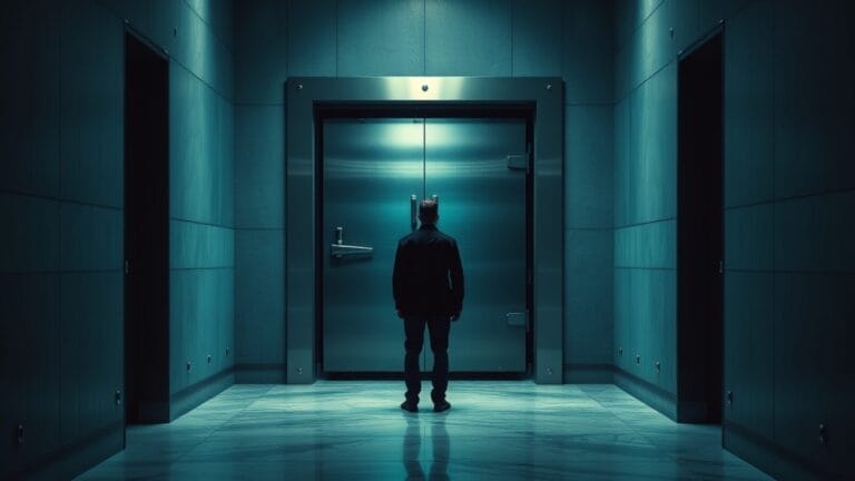 Token brokers : 100 000 $/jour de crédits IA sur le marché gris 7 Une lourde porte de coffre en acier entrouverte dans un couloir institutionnel sombre, silhouette de dos au loin.