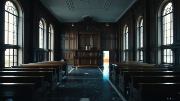 Salle d'audience britannique vide au crépuscule, bancs de chêne sombre et hautes fenêtres.