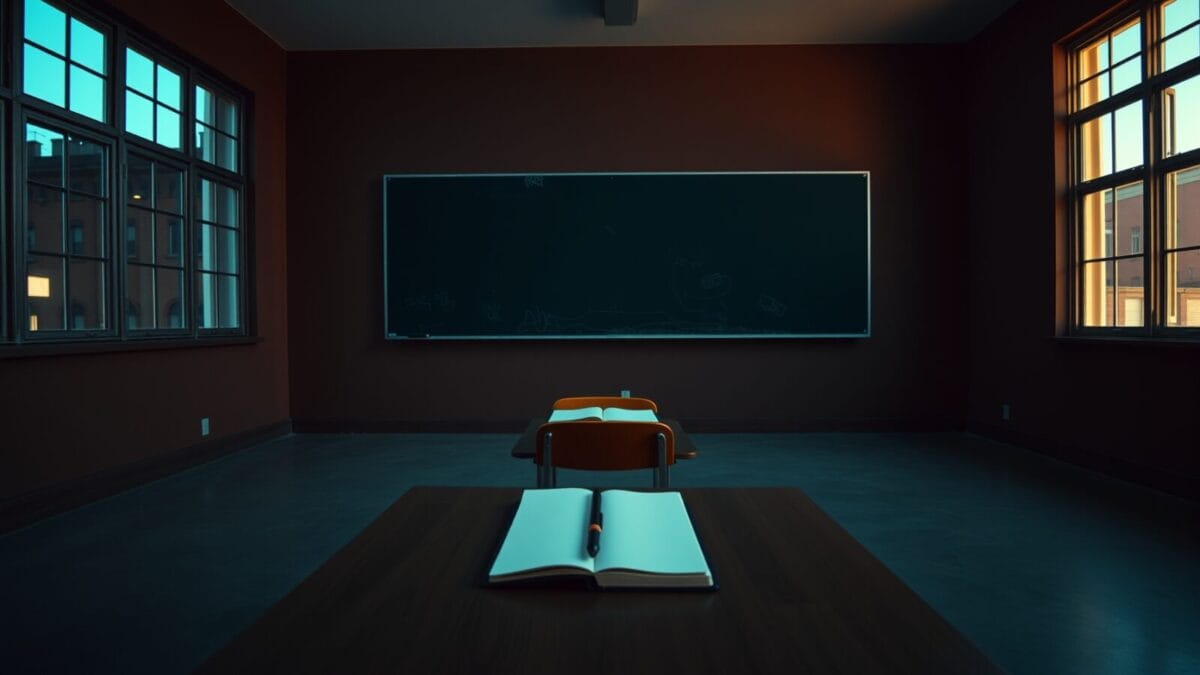 Salle de classe vide au crépuscule, un pupitre en bois et un tableau noir effacé.