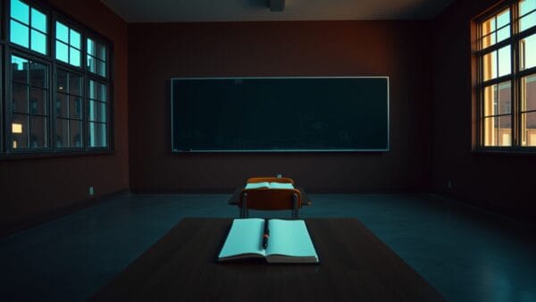 Salle de classe vide au crépuscule, un pupitre en bois et un tableau noir effacé.