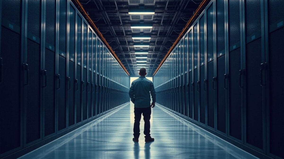 VentureBeat nomme Rob Strechay premier Lead Analyst IA 1 Couloir d'un centre de données vide, un technicien de dos au loin entre les baies d'infrastructure.