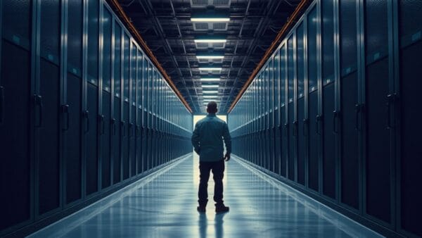 Couloir d'un centre de données vide, un technicien de dos au loin entre les baies d'infrastructure.