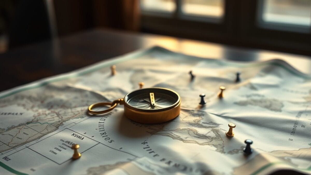 Une boussole en laiton posée sur une carte marquée de quelques repères seulement.