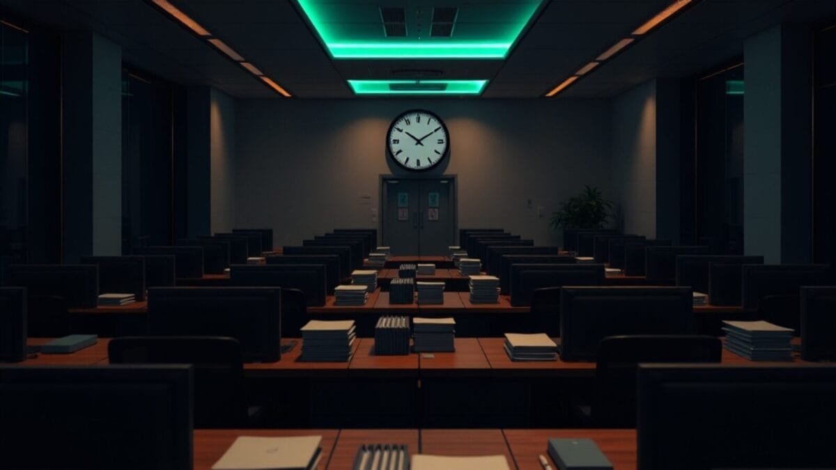 Bureau vide de gestion des revenus aériens, ordinateurs éteints, ambiance feutrée au crépuscule.