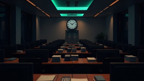 Bureau vide de gestion des revenus aériens, ordinateurs éteints, ambiance feutrée au crépuscule.