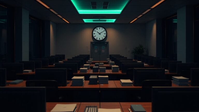 Bureau vide de gestion des revenus aériens, ordinateurs éteints, ambiance feutrée au crépuscule.