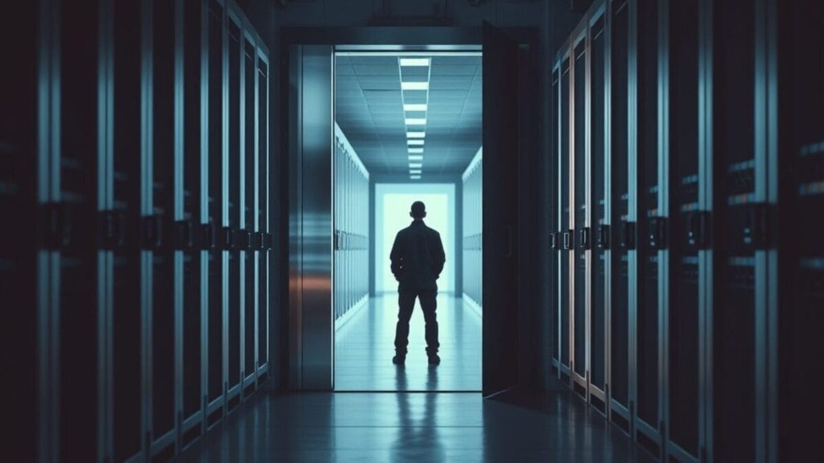 Porte de sécurité en acier entrouverte dans un couloir de serveurs, silhouette d'un technicien de dos au loin.