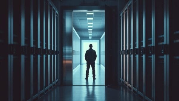 Porte de sécurité en acier entrouverte dans un couloir de serveurs, silhouette d'un technicien de dos au loin.