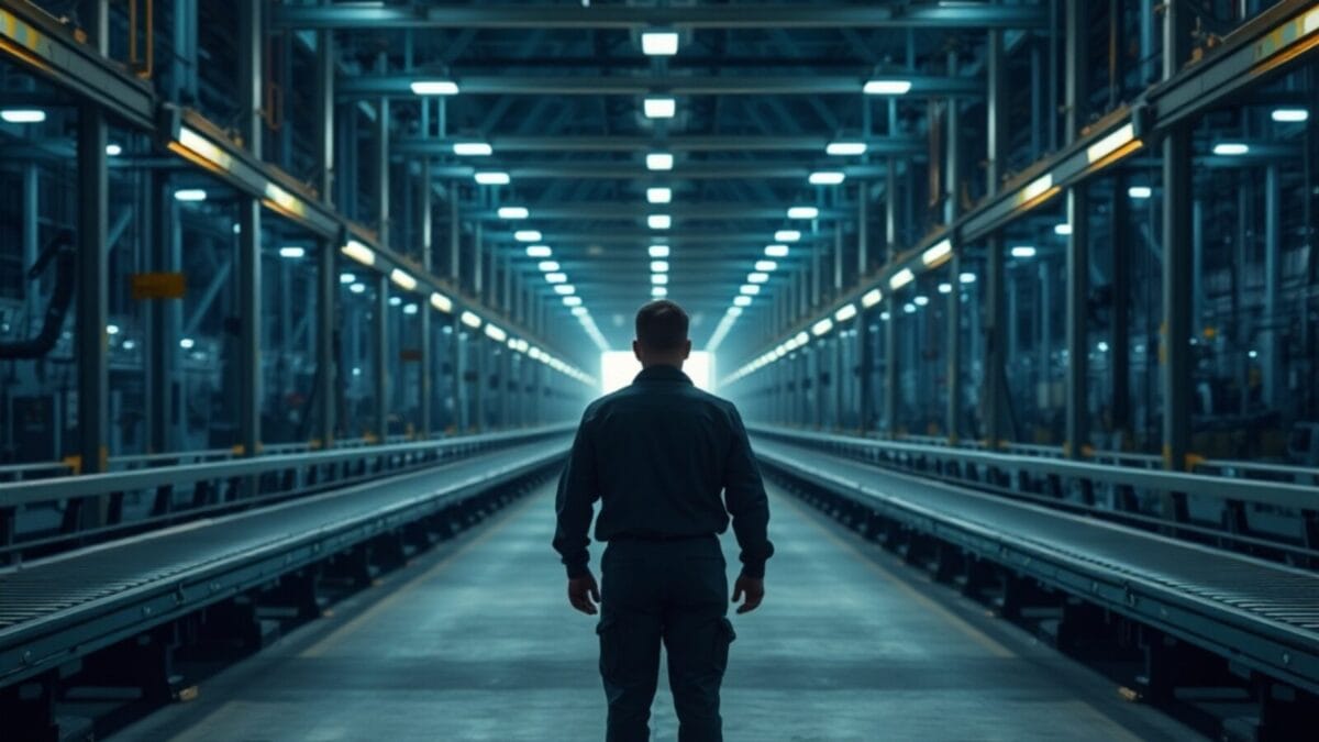 Silhouette d'un ingénieur de dos dans une usine d'assemblage vide, rails et structures d'acier.