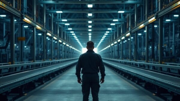 Silhouette d'un ingénieur de dos dans une usine d'assemblage vide, rails et structures d'acier.