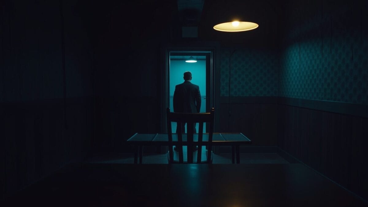 Salle d'interrogatoire vide et sombre, chaise en bois face à une table métallique, silhouette au loin.