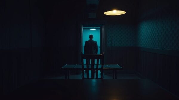 Salle d'interrogatoire vide et sombre, chaise en bois face à une table métallique, silhouette au loin.