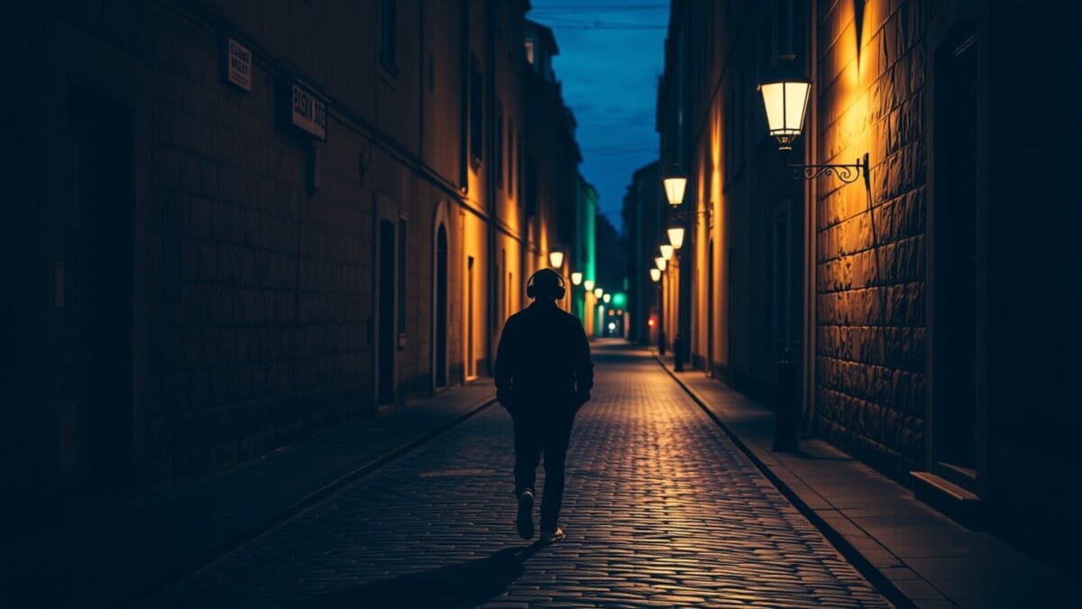 Silhouette de dos marchant dans une ruelle pavée ancienne au crépuscule, écouteurs aux oreilles.