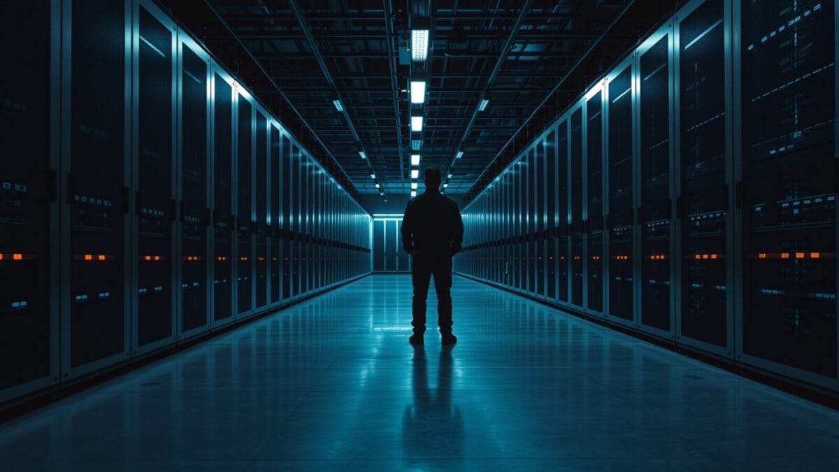 Writer lance Palmyra X6 : jusqu'à 50 % de coûts en moins 1 Couloir de data center au crépuscule, silhouette d'un technicien de dos entre des baies de serveurs en acier.