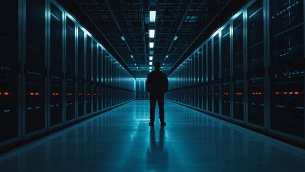 Couloir de data center au crépuscule, silhouette d'un technicien de dos entre des baies de serveurs en acier.