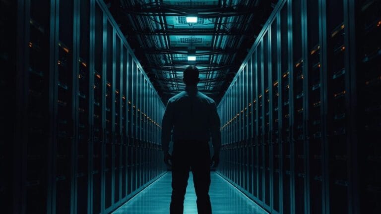 Writer lance Palmyra X6 : réduction de coûts jusqu'à 50% 11 Salle de serveurs en enfilade, silhouette d'un technicien de dos au loin, lumière froide.