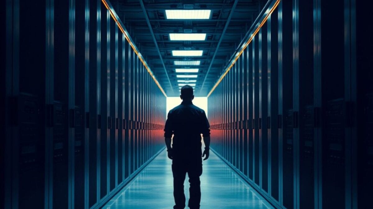 Allée d'armoires serveurs en acier brossé dans une salle de données, silhouette d'un technicien de dos au loin.