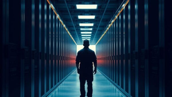Allée d'armoires serveurs en acier brossé dans une salle de données, silhouette d'un technicien de dos au loin.