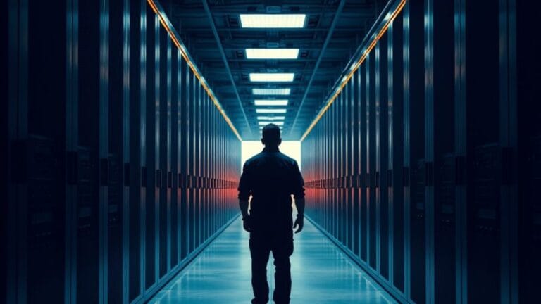 Allée d'armoires serveurs en acier brossé dans une salle de données, silhouette d'un technicien de dos au loin.