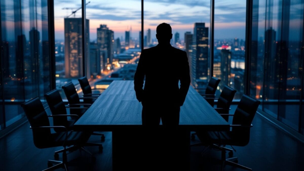 Bureau de capital-risque vide au crépuscule, silhouette de dos face à la ville
