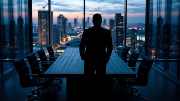 Bureau de capital-risque vide au crépuscule, silhouette de dos face à la ville