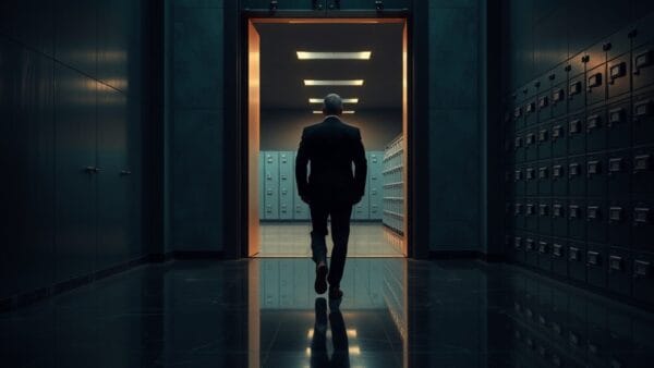 Couloir d'archives judiciaires vide avec porte métallique entrouverte et silhouette de dos