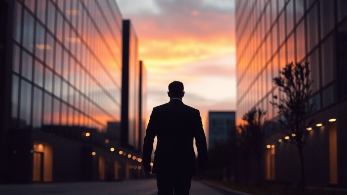 Campus d'entreprise au crépuscule, silhouette d'un dirigeant s'éloignant, façade en verre et acier brossé.