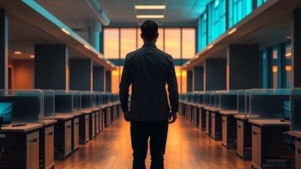 Bureau vide au crépuscule, silhouette isolée près d'une fenêtre, symbole du passage à l'échelle de l'IA en entreprise.