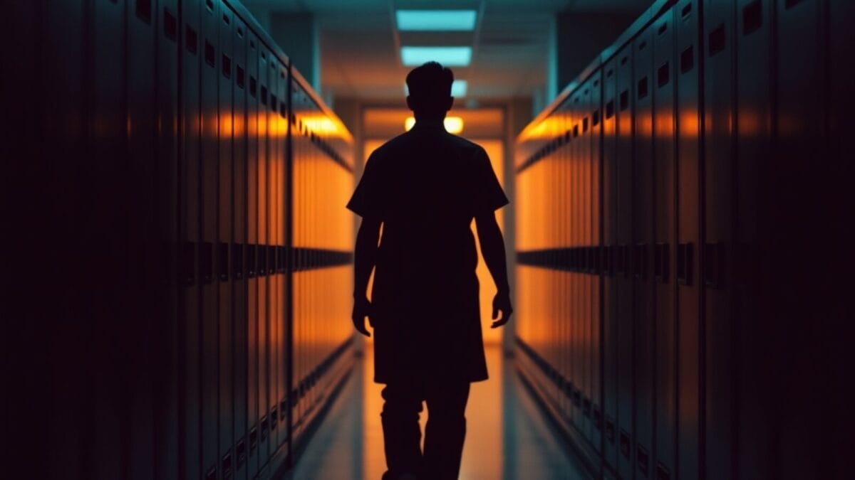 Couloir d'archives hospitalières vide, silhouette de dos au fond, lumière ambrée et verte.