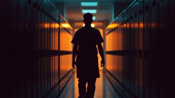 Couloir d'archives hospitalières vide, silhouette de dos au fond, lumière ambrée et verte.