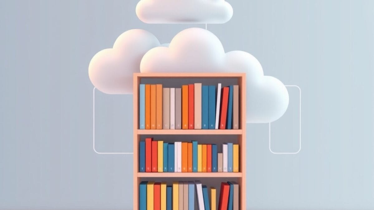 Illustration conceptuelle de plusieurs dossiers cloud convergeant vers une bibliothèque numérique unique.