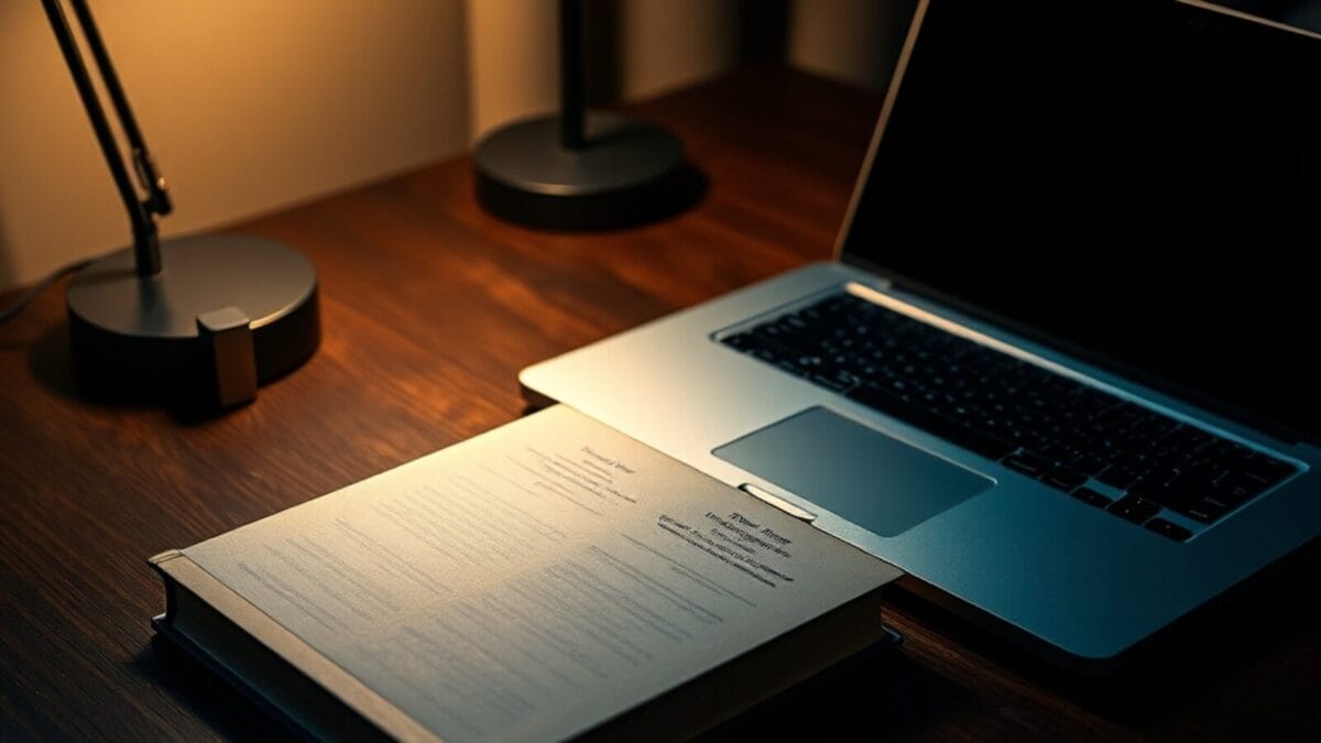 Livre fermé posé sur un bureau à côté d'un ordinateur portable