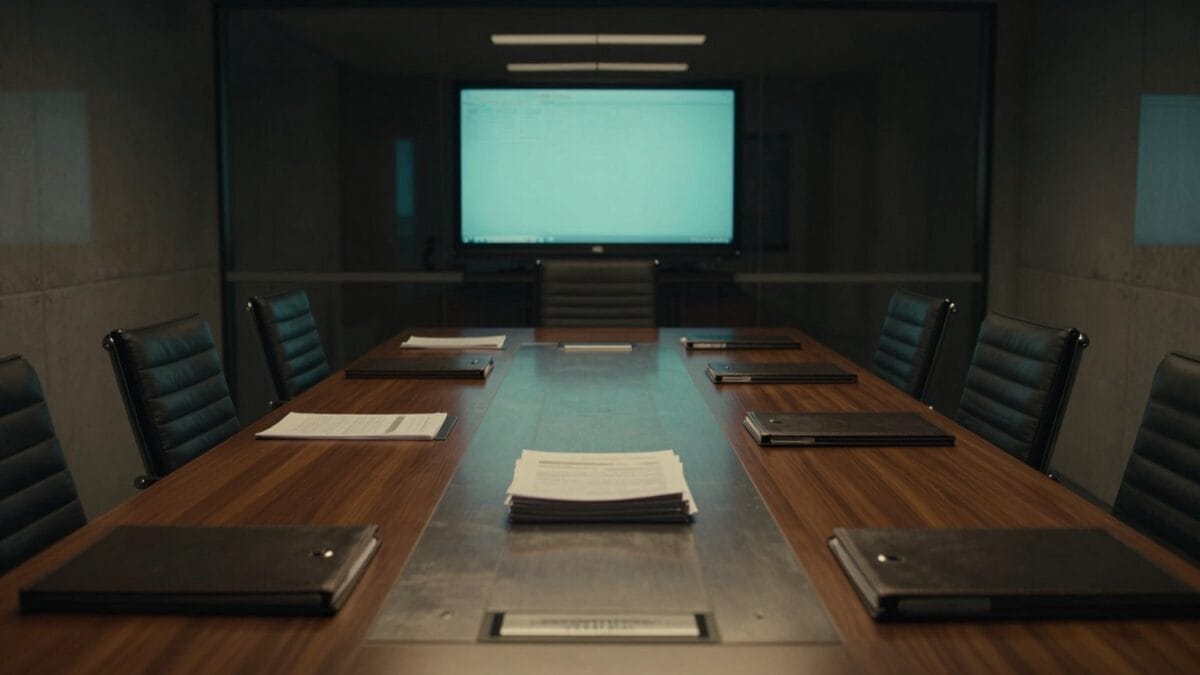 Salle de réunion d'un cabinet d'avocats au crépuscule, table en bois et métal, dossiers papier, écrans éteints de dos.