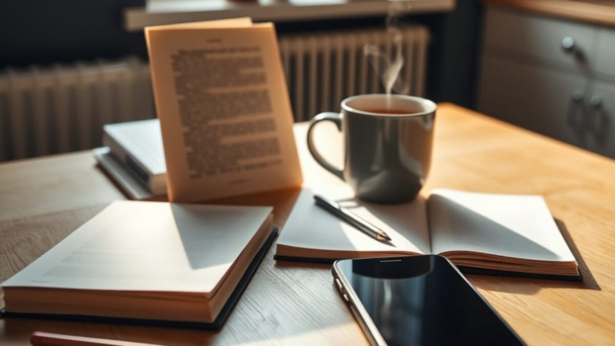 Débuter avec ChatGPT : le livre pour ceux qui partent vraiment de zéro 1 Livre et carnet posés sur une table de cuisine le matin