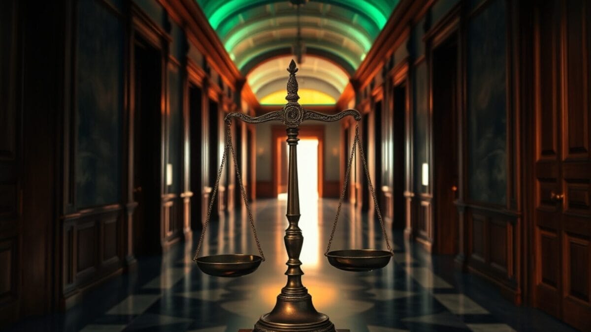 Couloir de palais de justice vide avec une balance ancienne en bronze