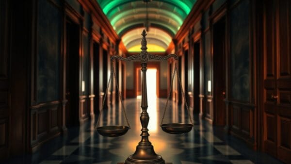 Couloir de palais de justice vide avec une balance ancienne en bronze