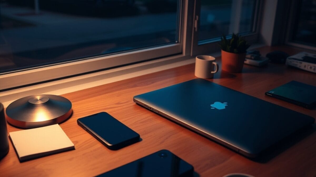 Bureau calme au crépuscule avec un ordinateur portable fermé et un smartphone posé face contre table.