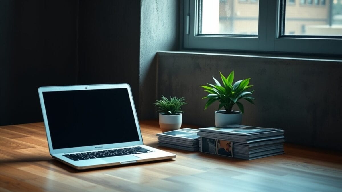 Bureau calme avec photos imprimées et ordinateur fermé, lumière douce