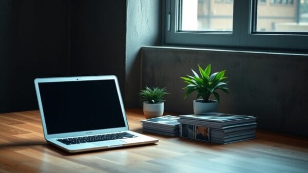 Bureau calme avec photos imprimées et ordinateur fermé, lumière douce